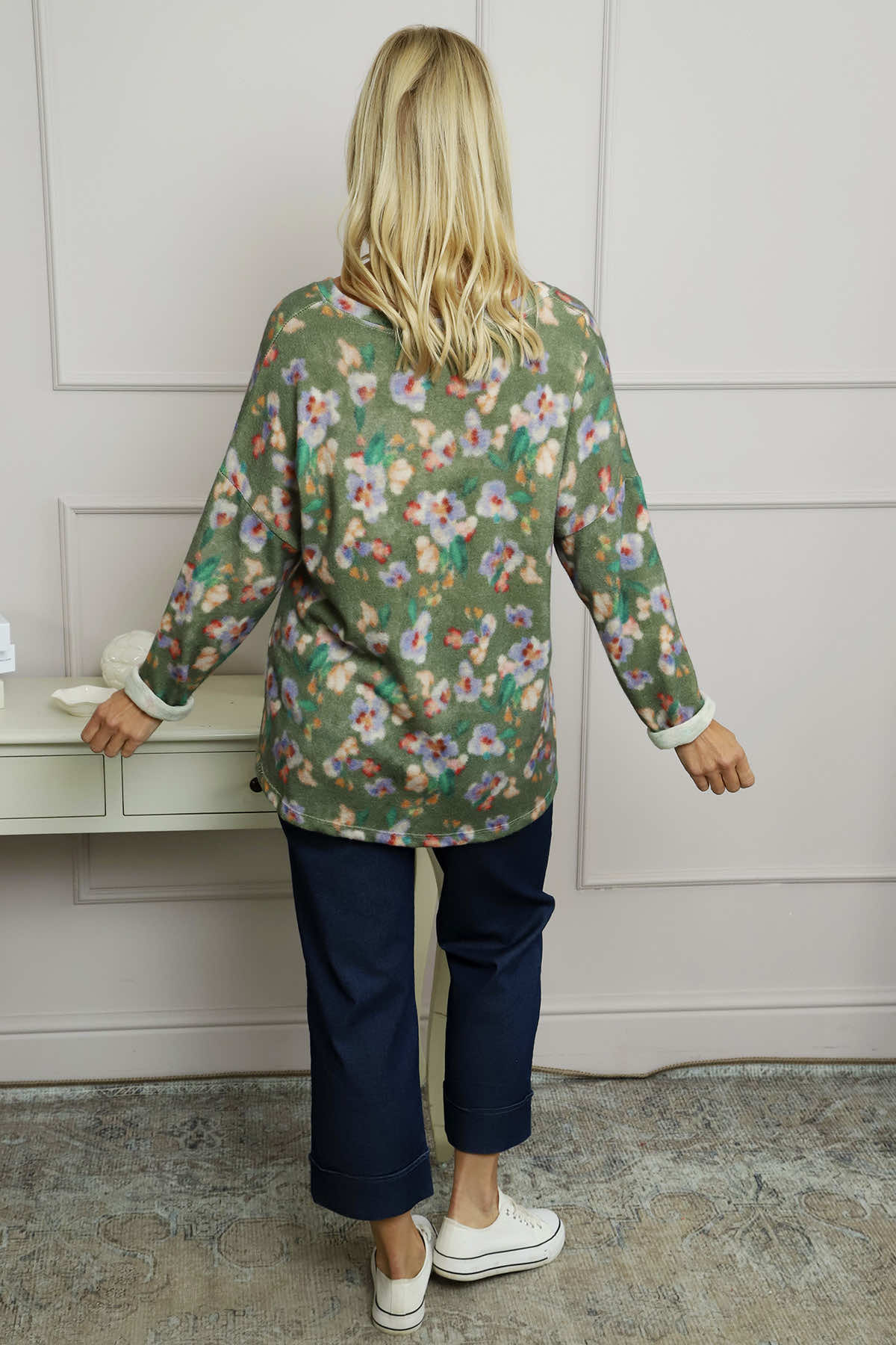 Kirsty Flower V-Neck Knit Top Khaki