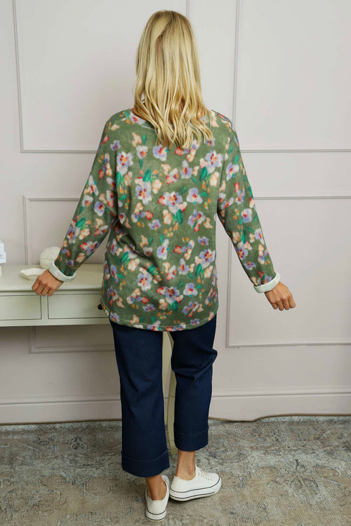 Kirsty Flower V-Neck Knit Top Khaki - Image 4