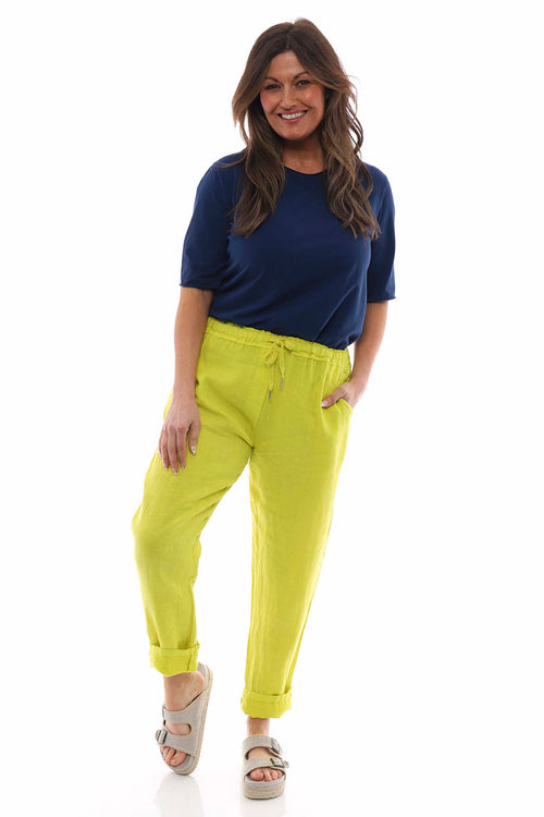 Filey Cropped Linen Trousers Neon Lime