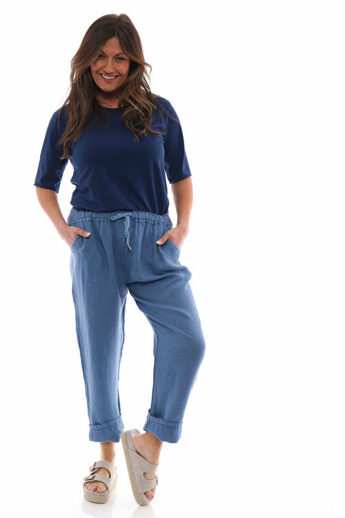 Filey Cropped Linen Trousers Denim Blue - Image 1