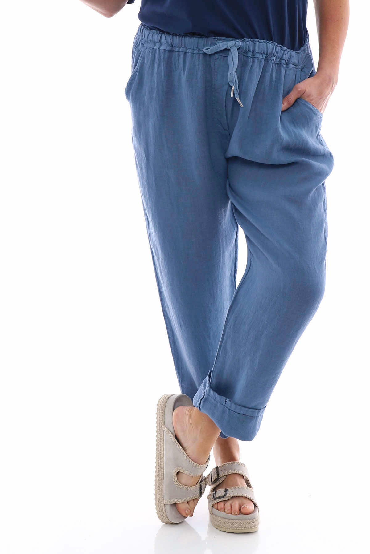 Filey Cropped Linen Trousers Denim Blue