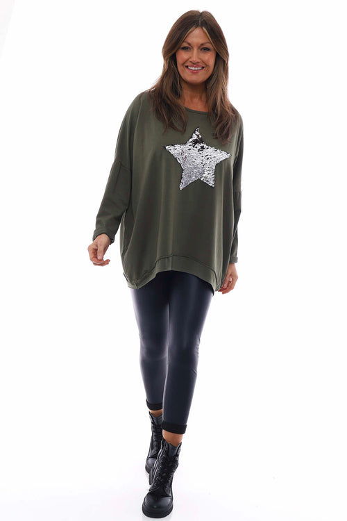 Selsey Sequin Star Cotton Top Khaki