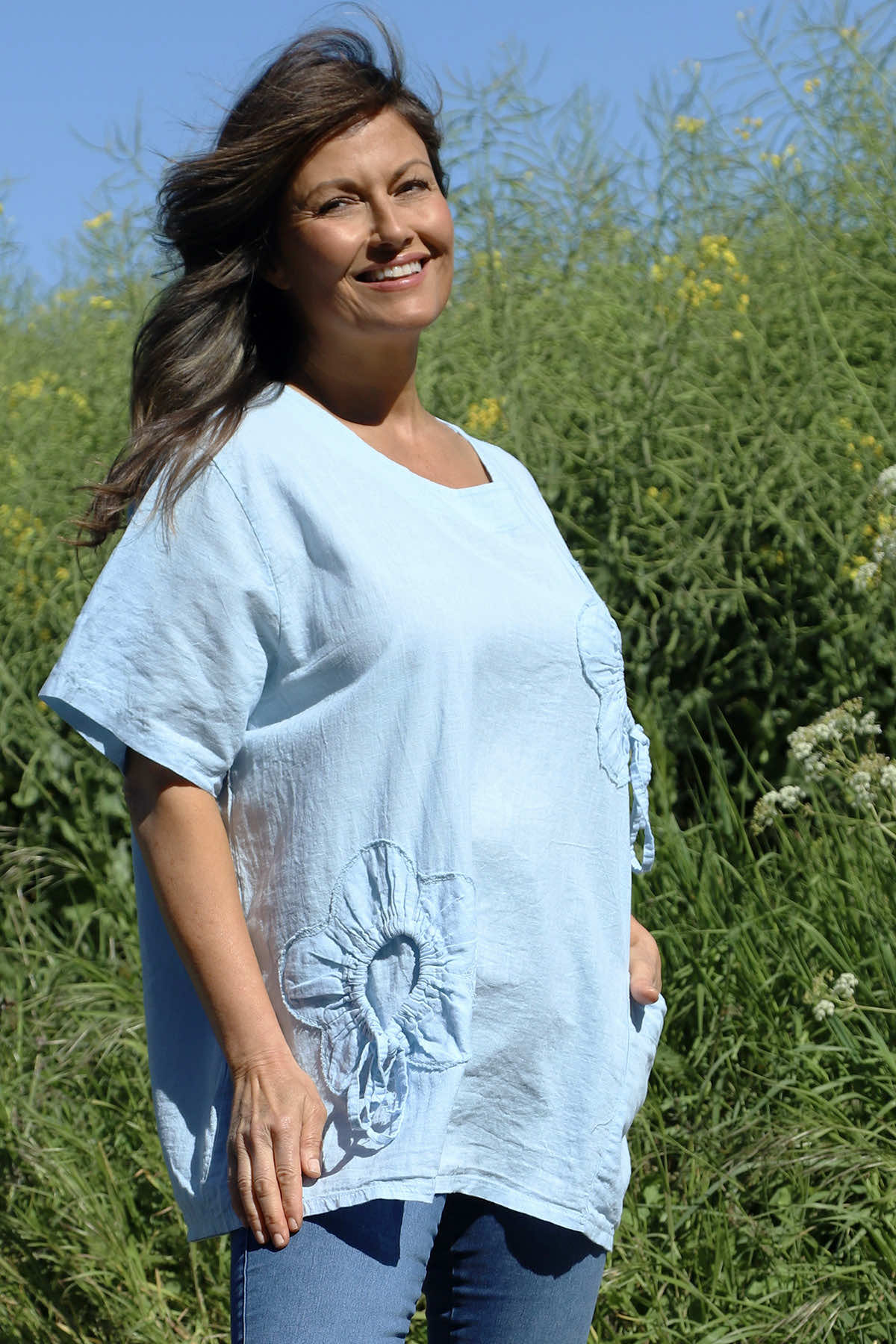 Southwold Tie Flower Linen Top Light Blue