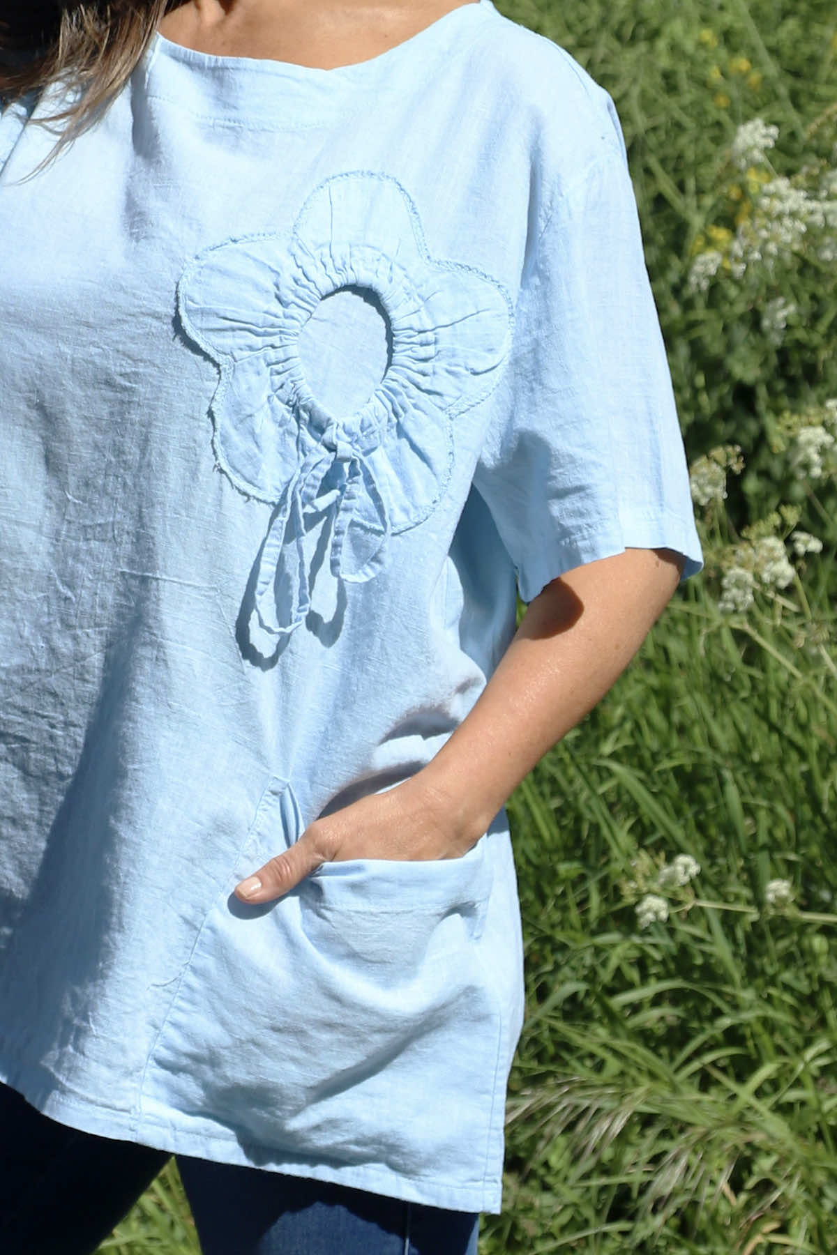 Southwold Tie Flower Linen Top Light Blue