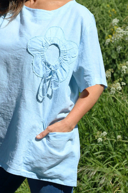 Southwold Tie Flower Linen Top Light Blue - Image 3