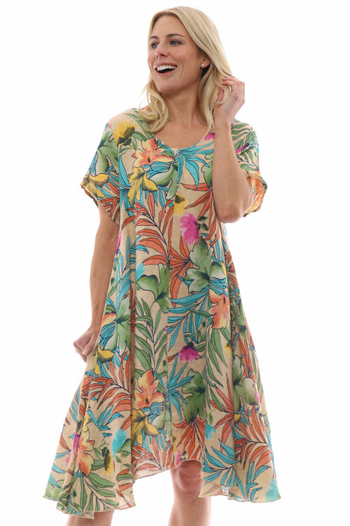 Maxima Floral Linen Dress Camel - Image 1