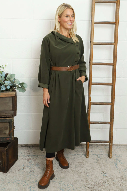 Eudora Belted Needlecord Dress Khaki