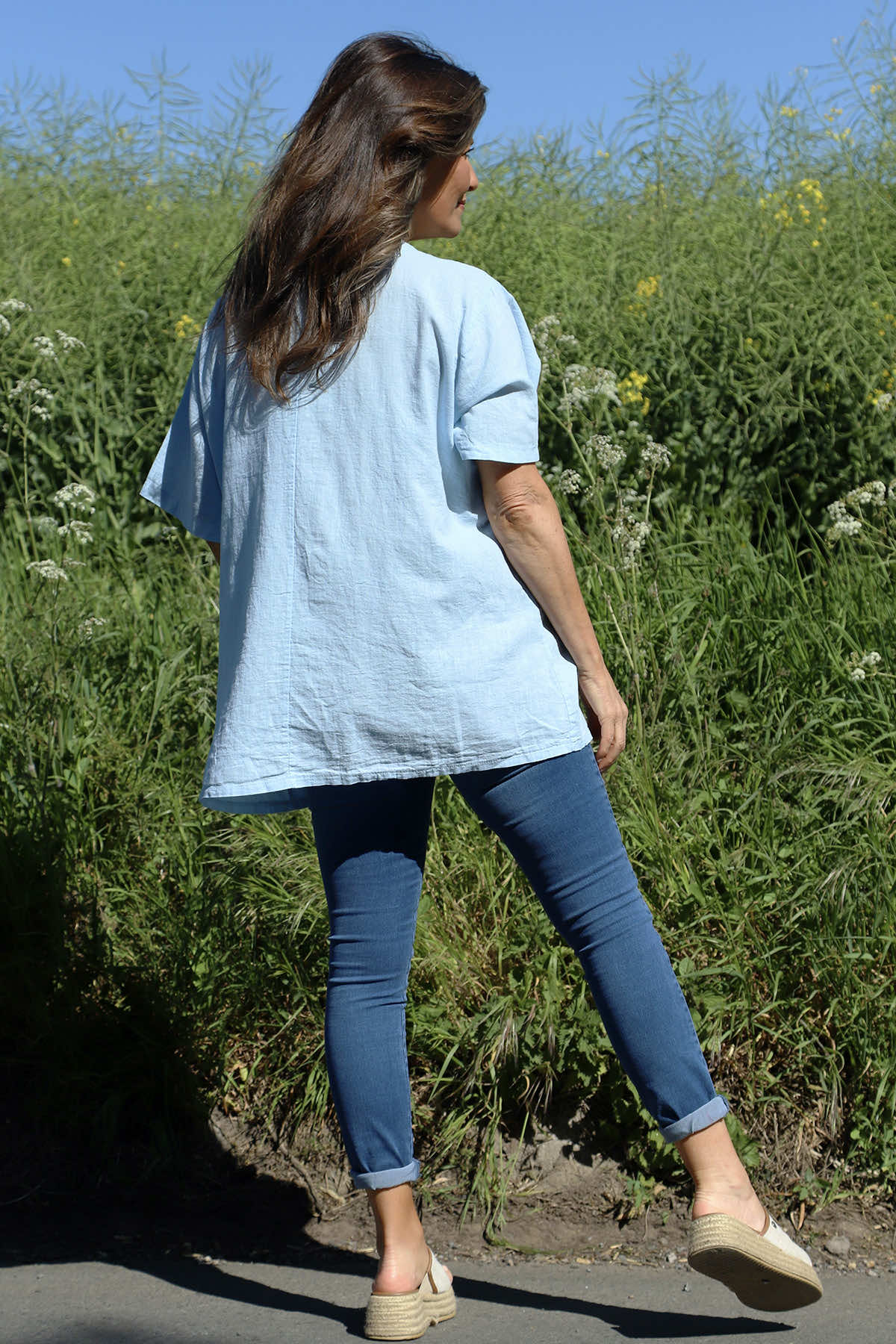 Southwold Tie Flower Linen Top Light Blue