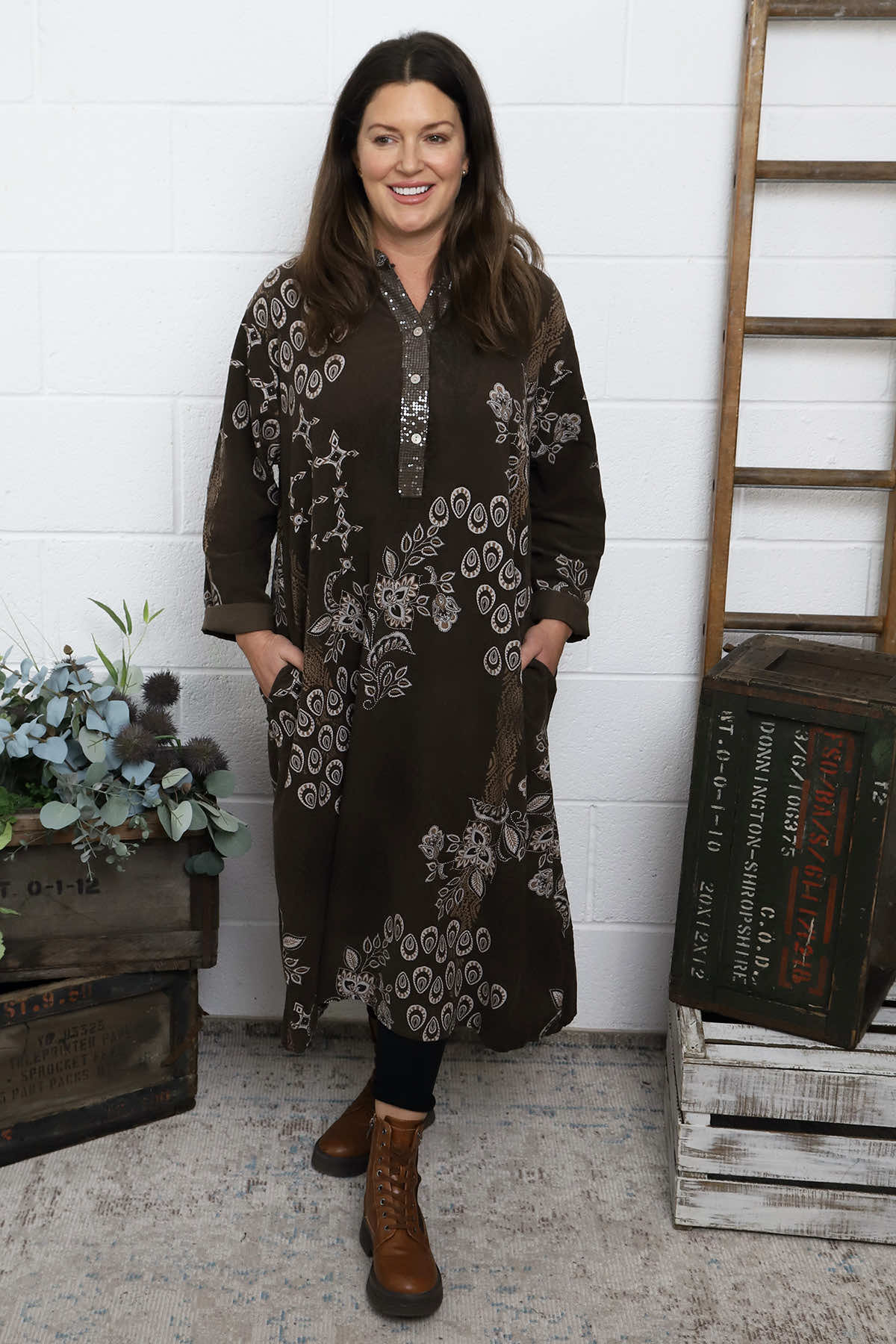 Alana Needlecord Pattern Dress Cocoa