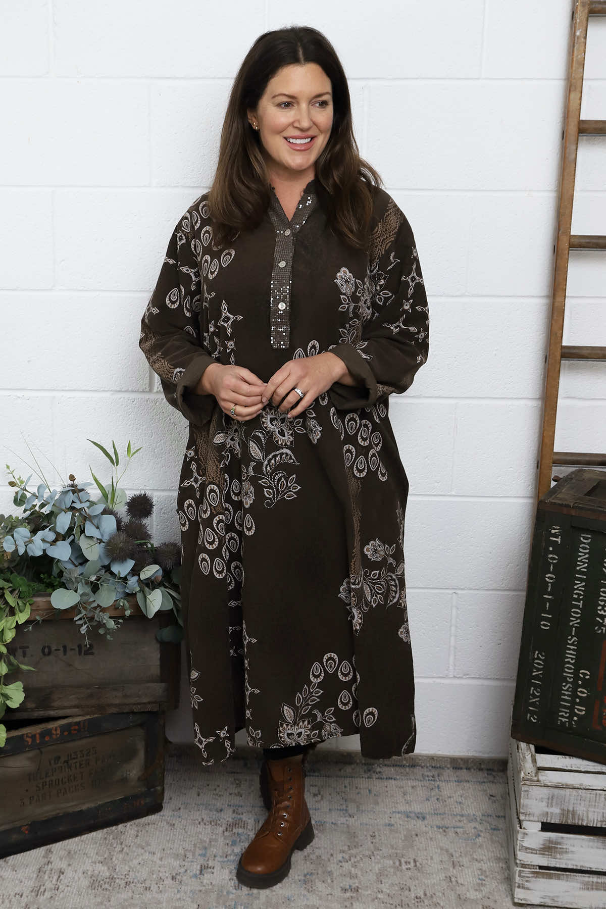 Alana Needlecord Pattern Dress Cocoa