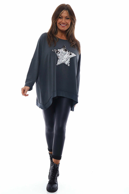 Selsey Sequin Star Cotton Top Charcoal