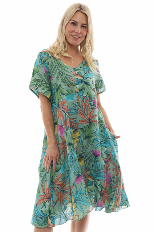 Maxima Floral Linen Dress Khaki - Image 1