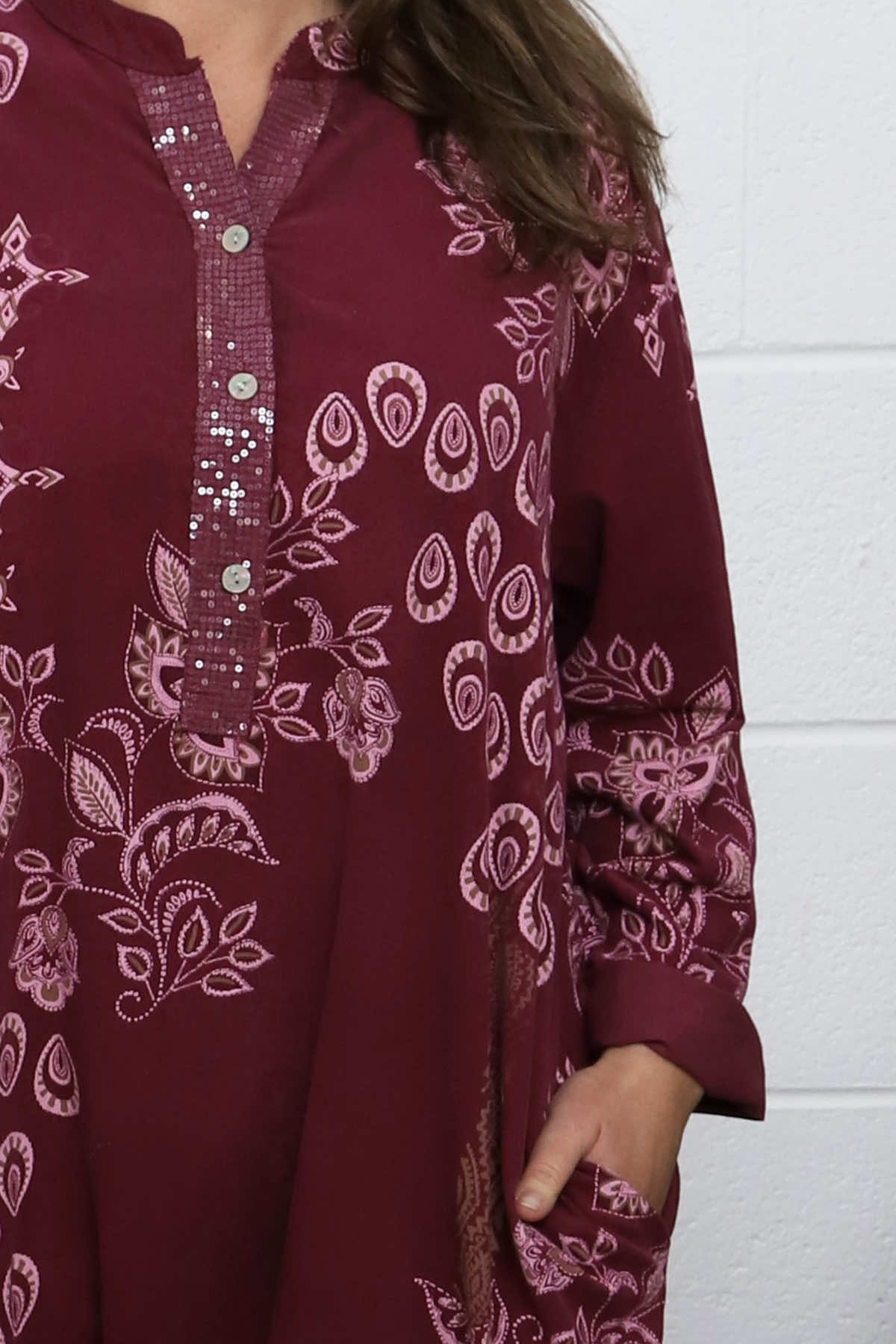 Alana Needlecord Pattern Dress Burgundy