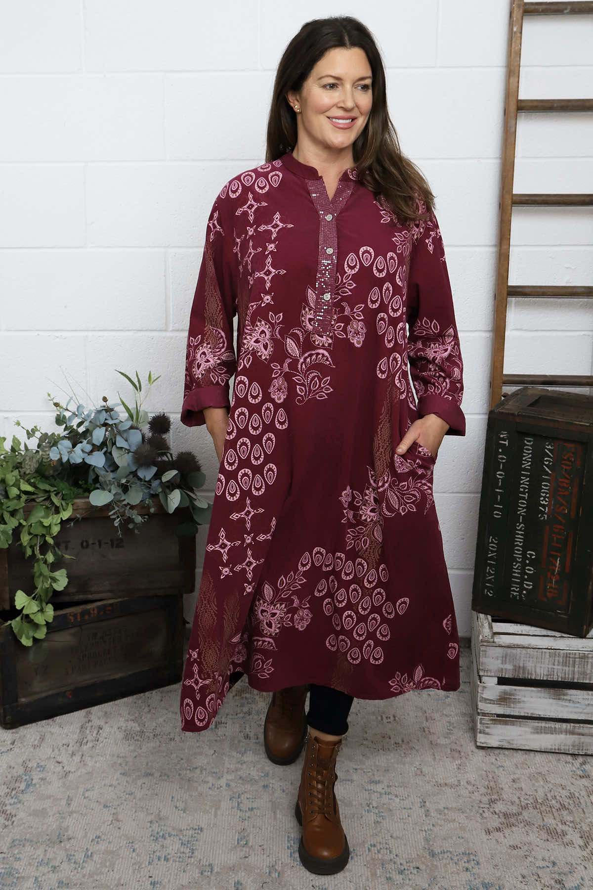 Alana Needlecord Pattern Dress Burgundy