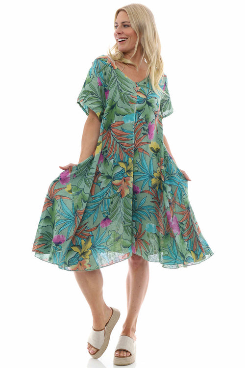 Maxima Floral Linen Dress Khaki - Image 4