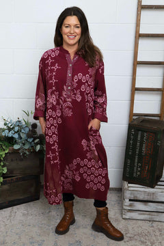 Alana Needlecord Pattern Dress Burgundy