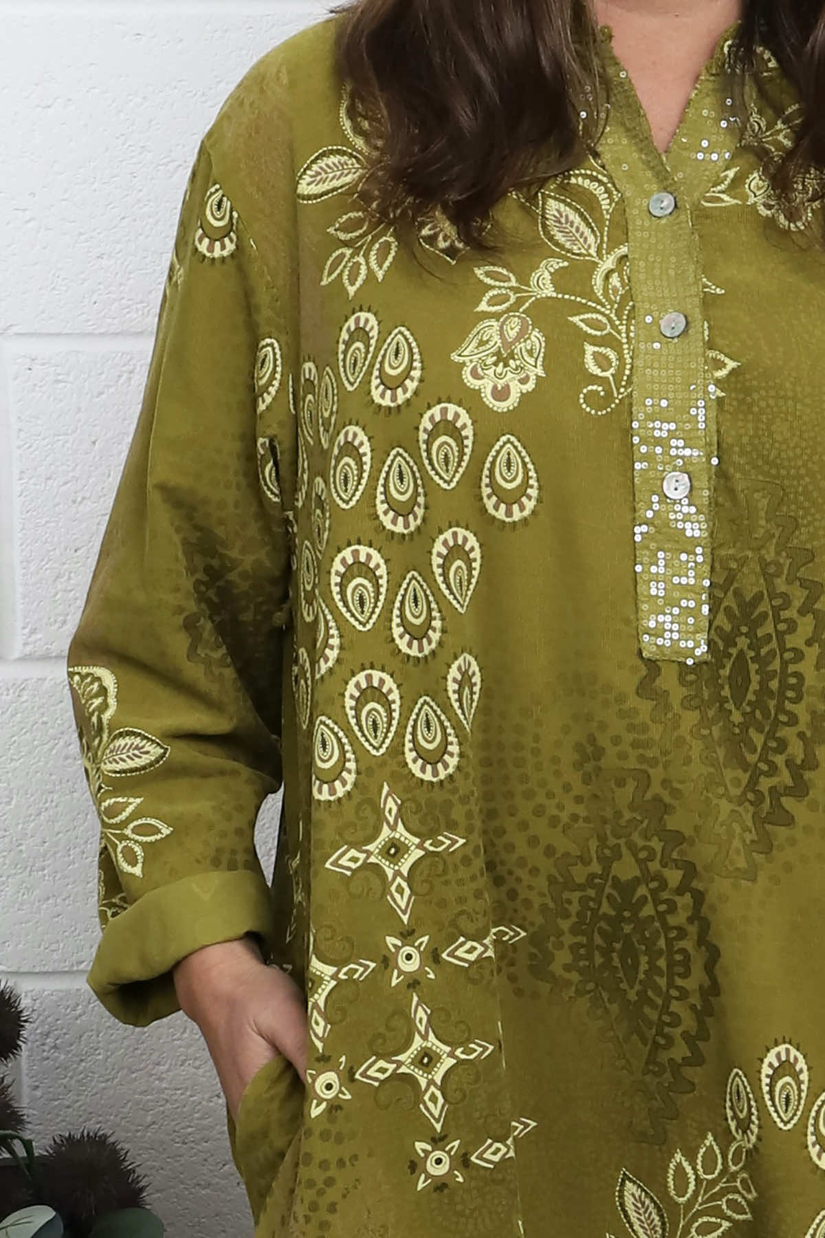 Alana Needlecord Pattern Dress Moss