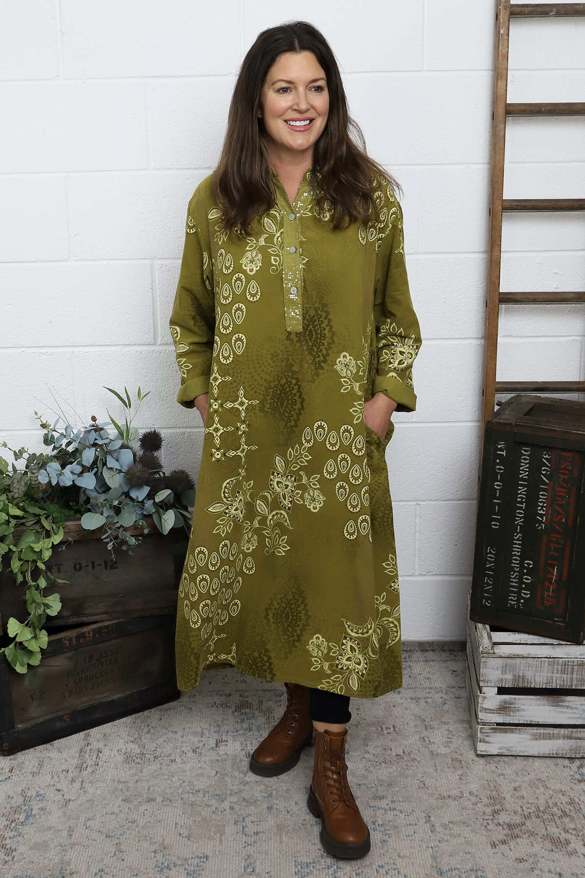 Alana Needlecord Pattern Dress Moss