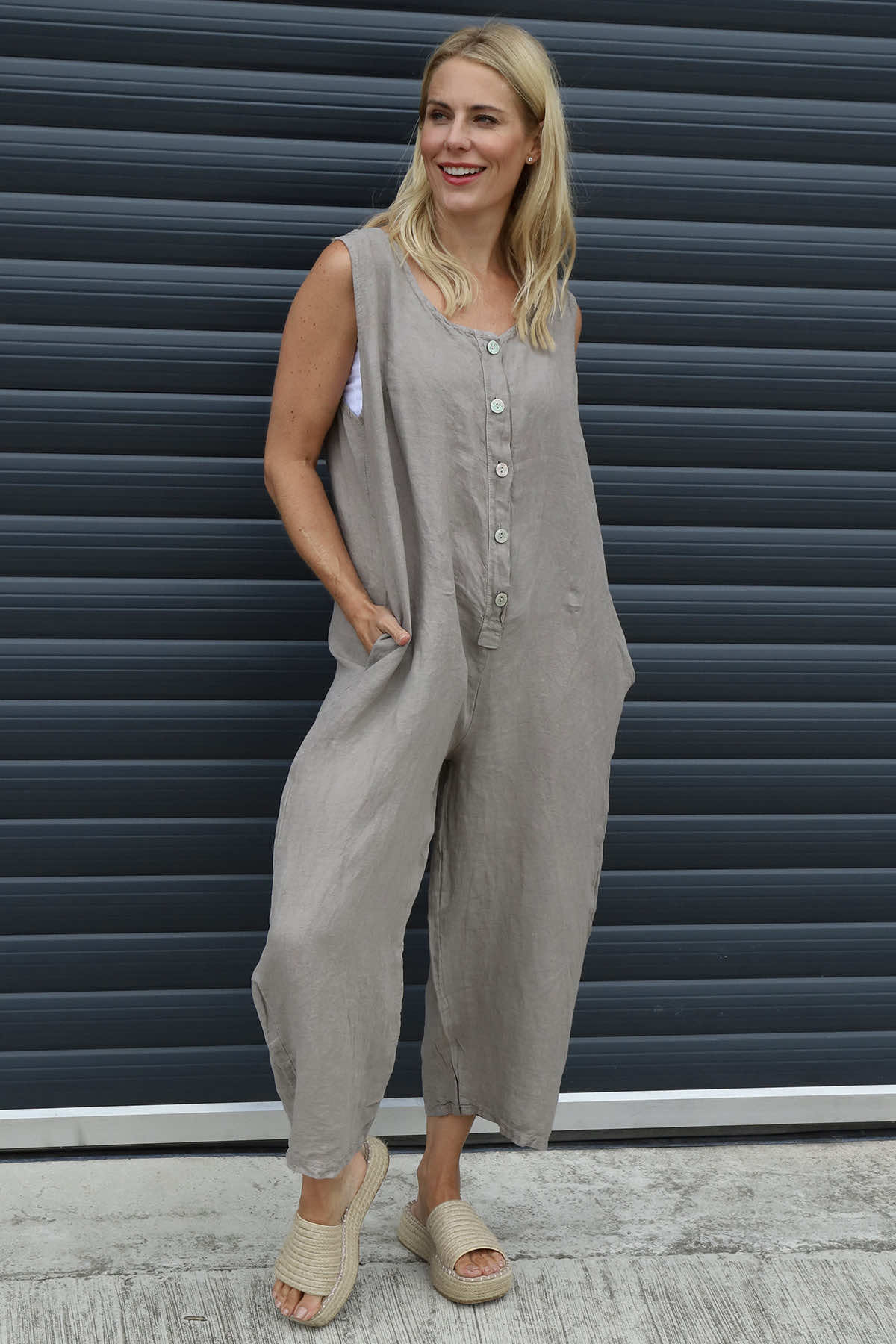 Margot Sleeveless Linen Jumpsuit Mocha
