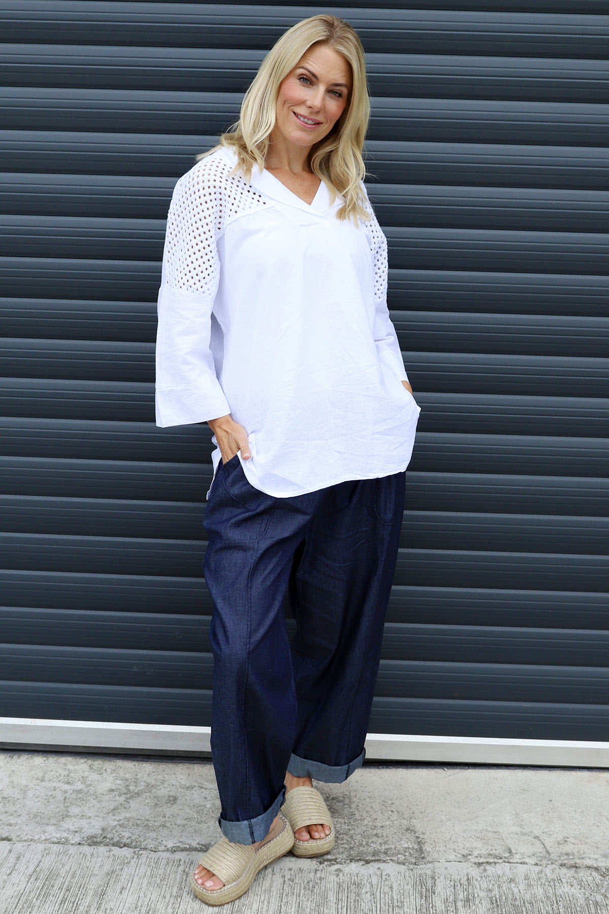 Natasha Crochet Shoulder Linen Top White