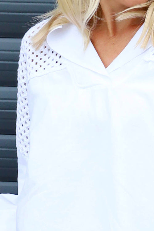 Natasha Crochet Shoulder Linen Top White - Image 3