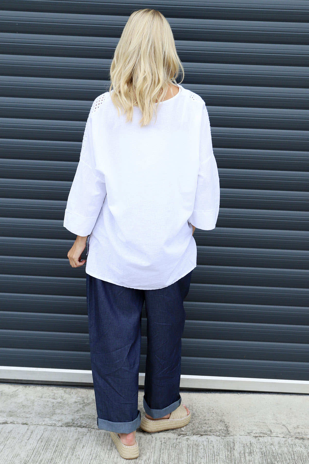 Natasha Crochet Shoulder Linen Top White