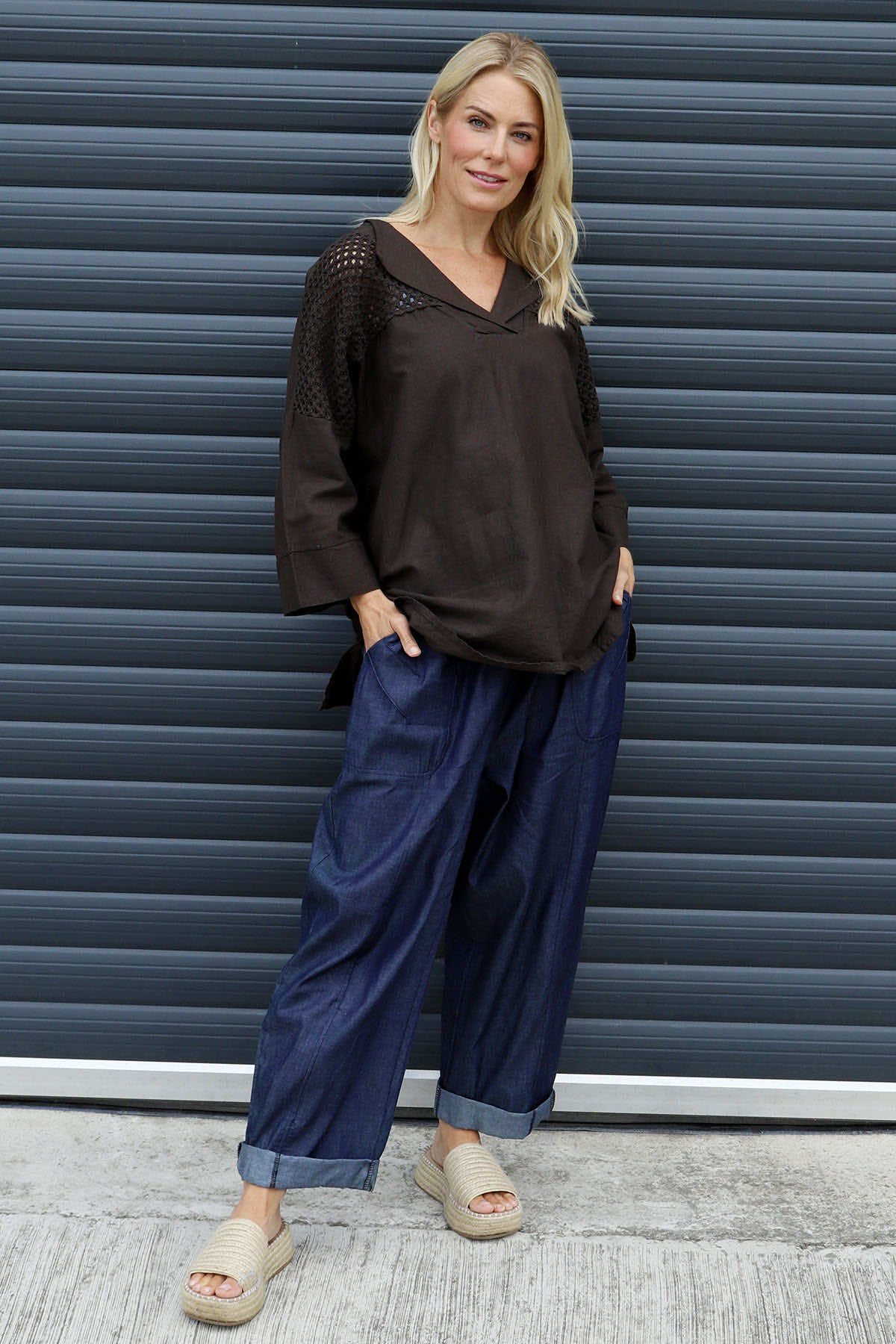 Natasha Crochet Shoulder Linen Top Cocoa