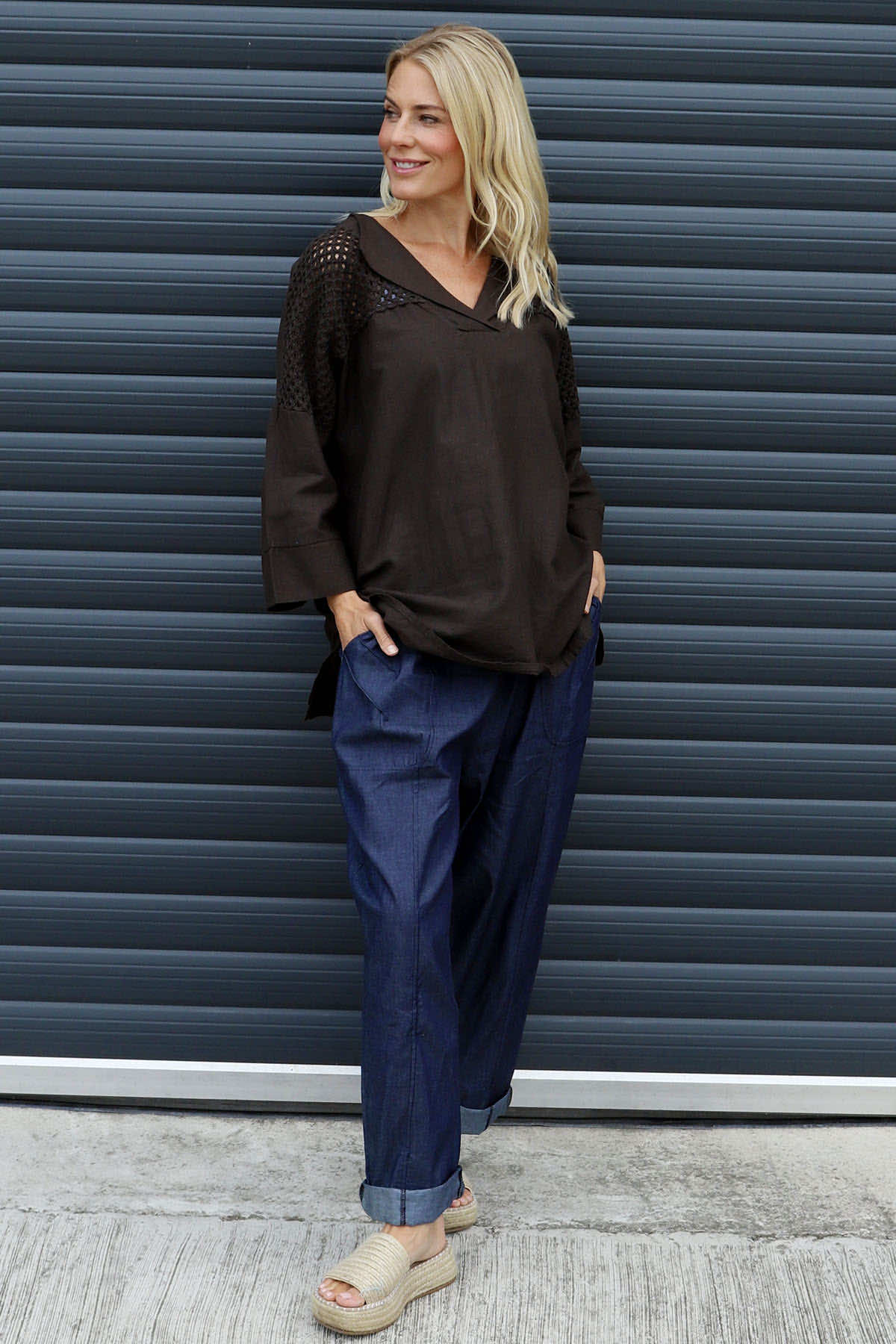 Natasha Crochet Shoulder Linen Top Cocoa