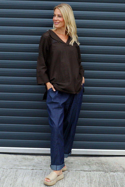 Natasha Crochet Shoulder Linen Top Cocoa - Image 3