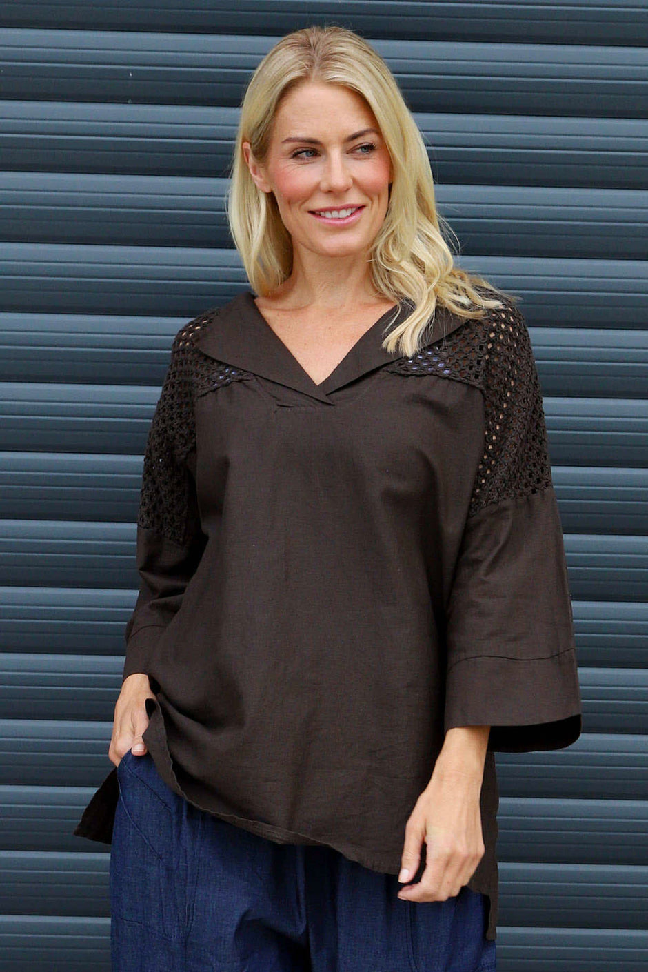 Natasha Crochet Shoulder Linen Top Cocoa