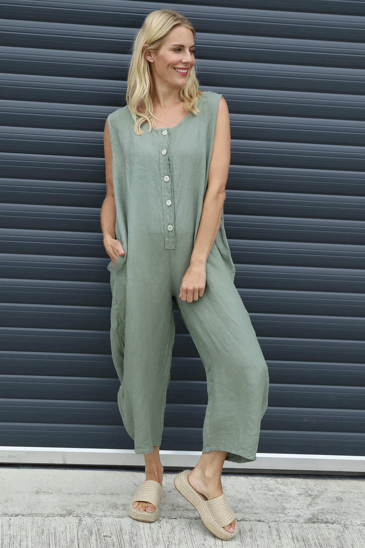 Margot Sleeveless Linen Jumpsuit Khaki
