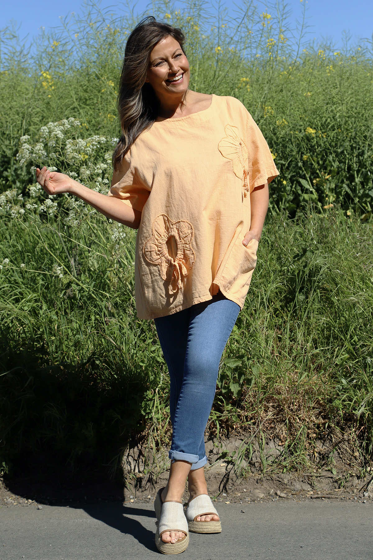 Southwold Tie Flower Linen Top Coral