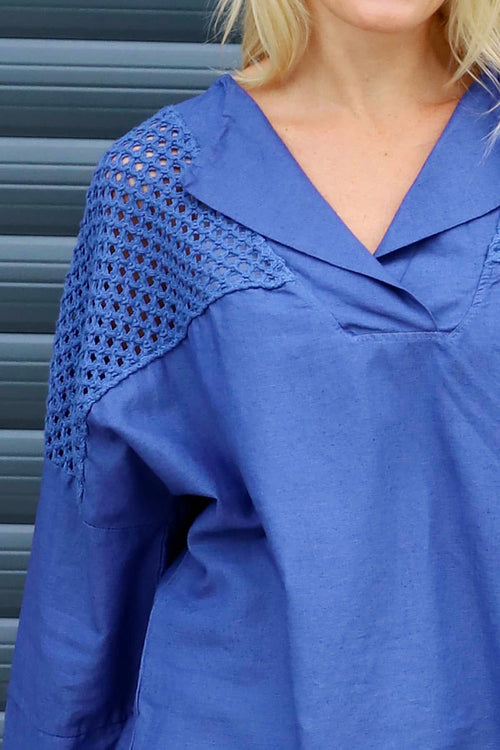 Natasha Crochet Shoulder Linen Top Royal Blue - Image 3