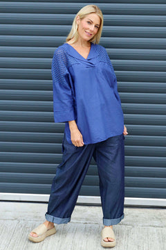 Natasha Crochet Shoulder Linen Top Royal Blue