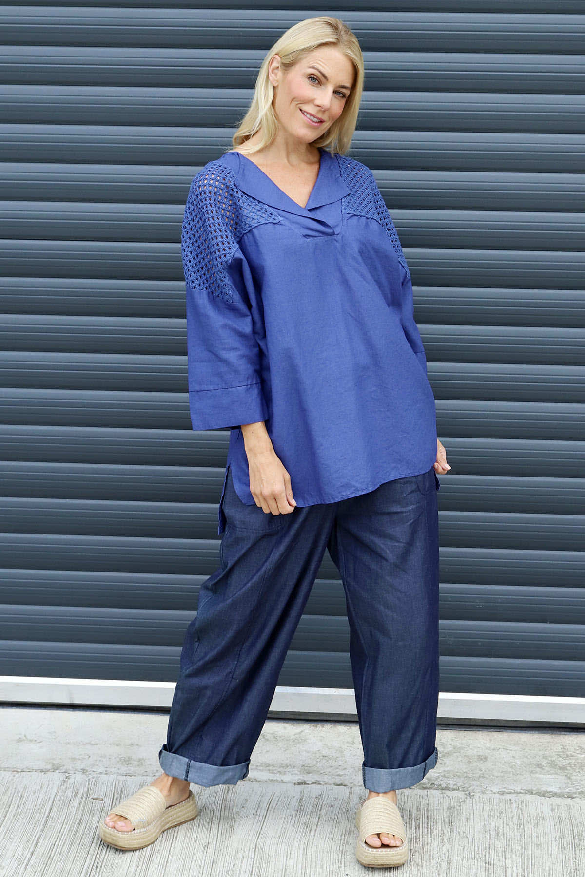 Natasha Crochet Shoulder Linen Top Royal Blue