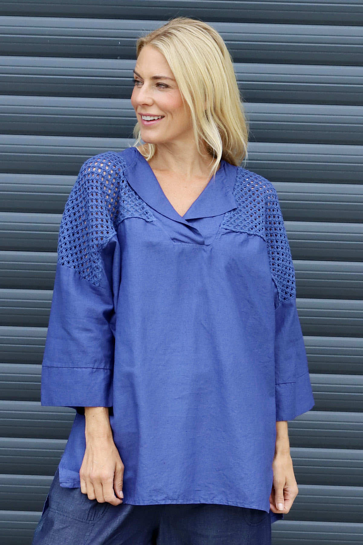 Natasha Crochet Shoulder Linen Top Royal Blue