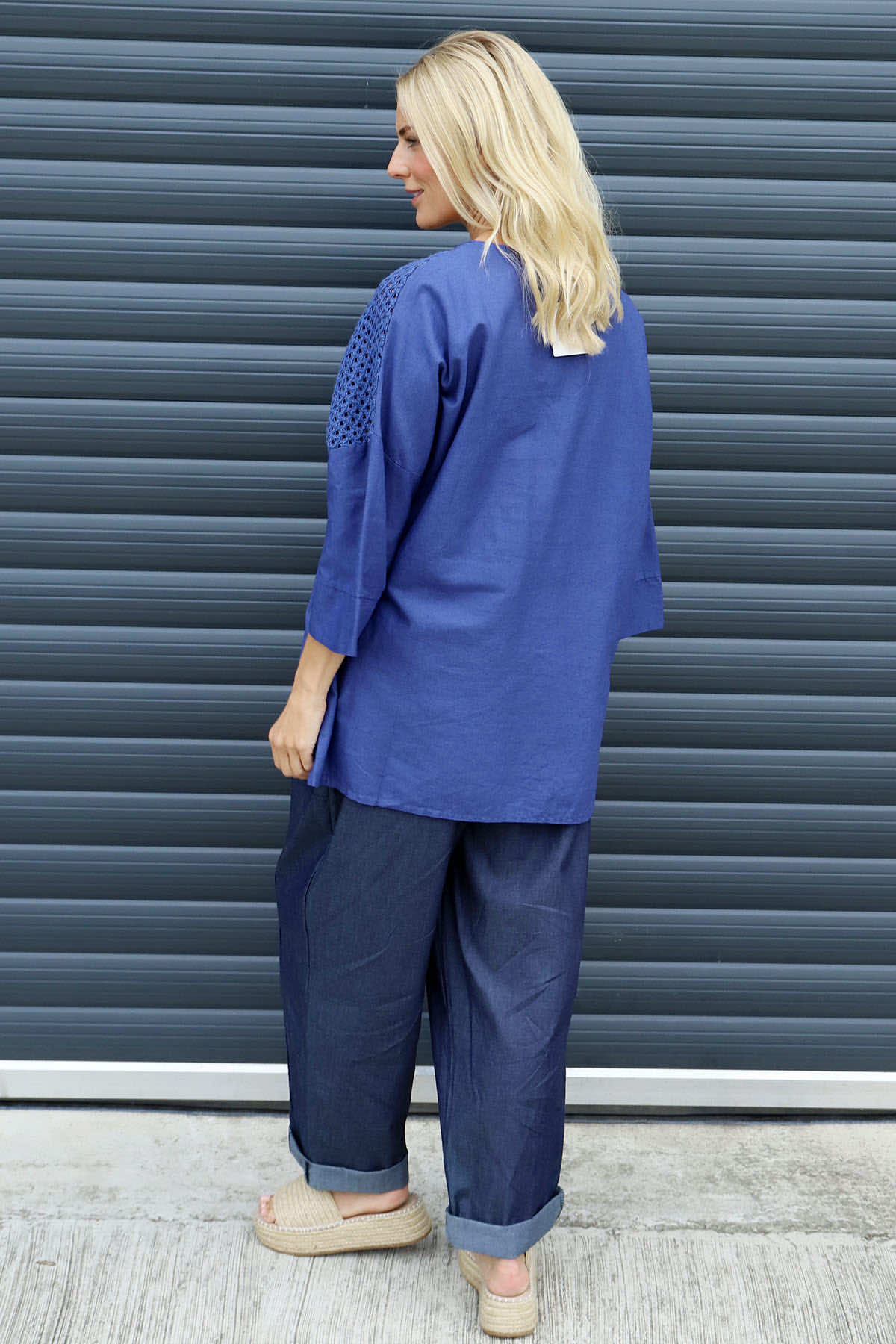 Natasha Crochet Shoulder Linen Top Royal Blue