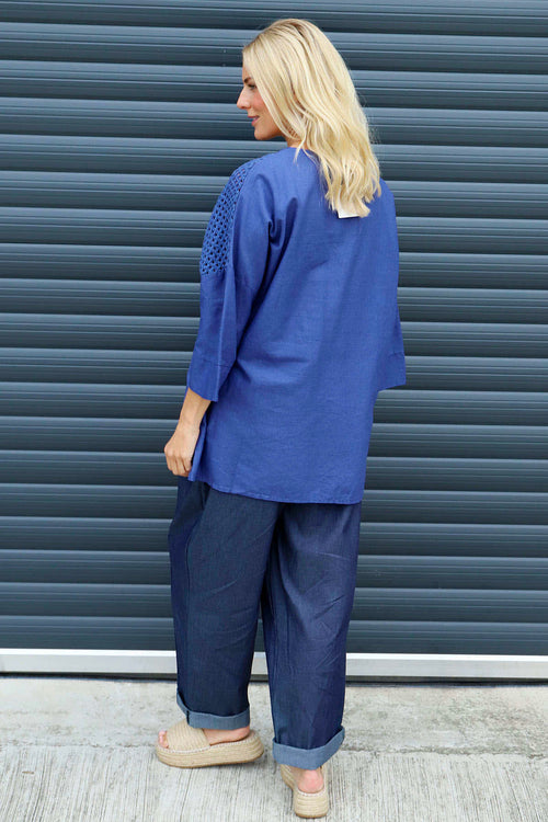 Natasha Crochet Shoulder Linen Top Royal Blue - Image 4