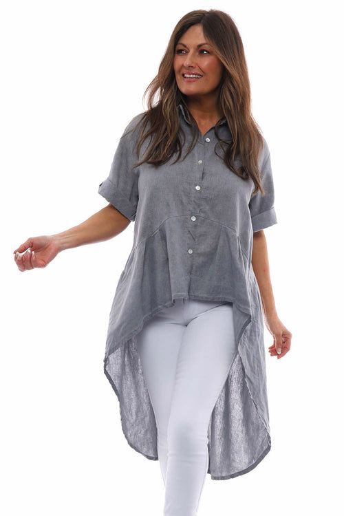 Libertie Washed Dipped Hem Linen Shirt Mid Grey - Image 3