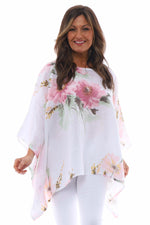 Melina Floral Batwing Linen Top White White - Melina Floral Batwing Linen Top White