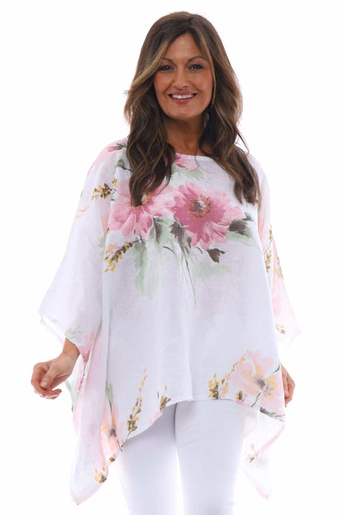 Melina Floral Batwing Linen Top White - Image 1