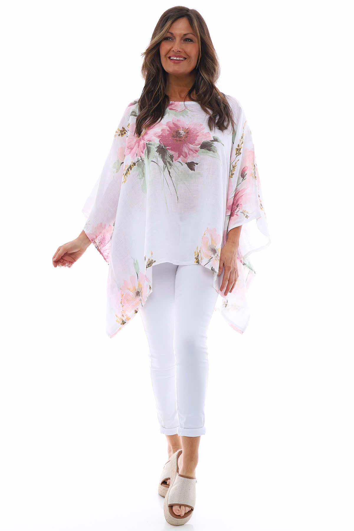 Melina Floral Batwing Linen Top White