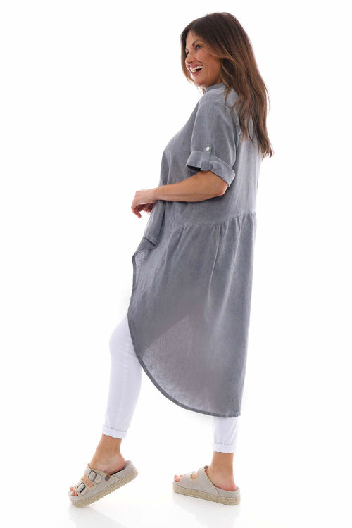 Libertie Washed Dipped Hem Linen Shirt Mid Grey - Image 5