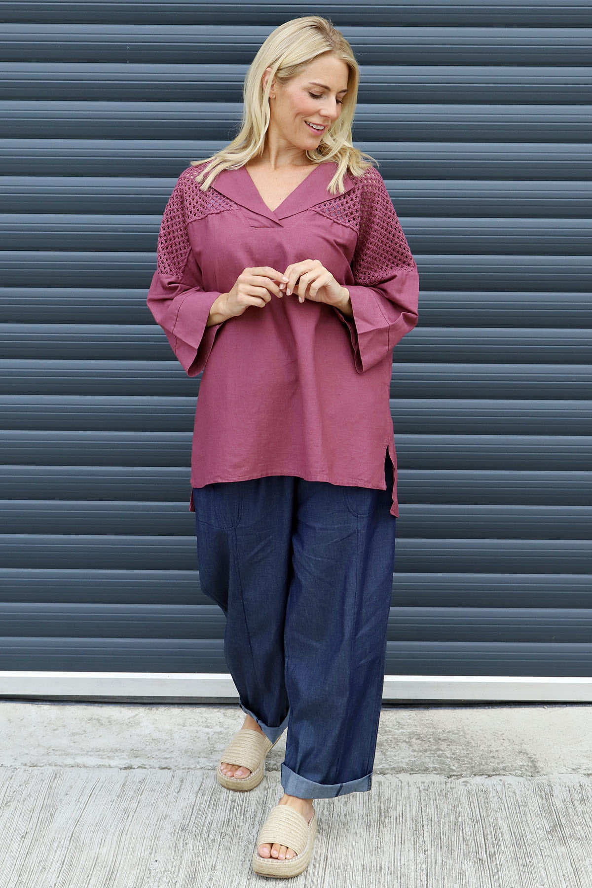 Natasha Crochet Shoulder Linen Top Wine