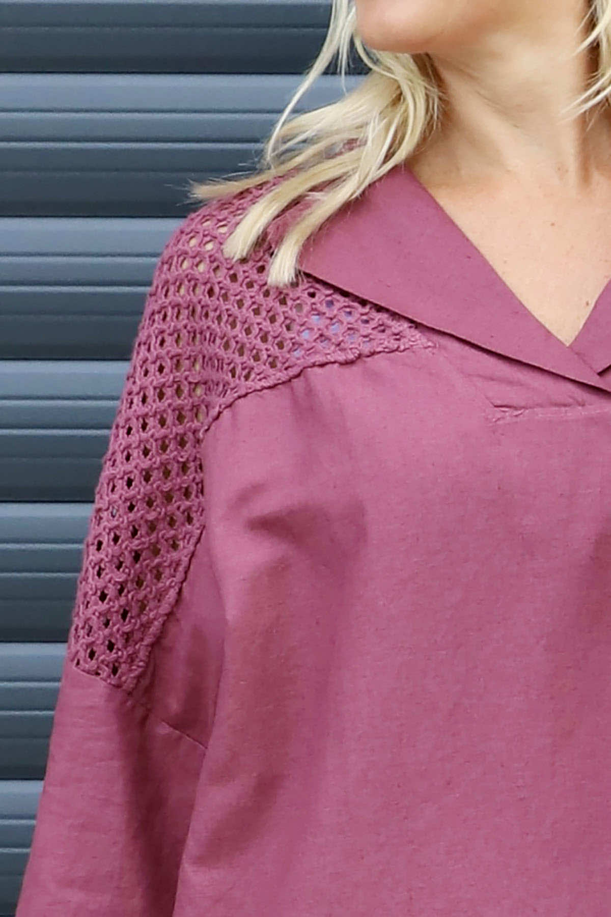 Natasha Crochet Shoulder Linen Top Wine