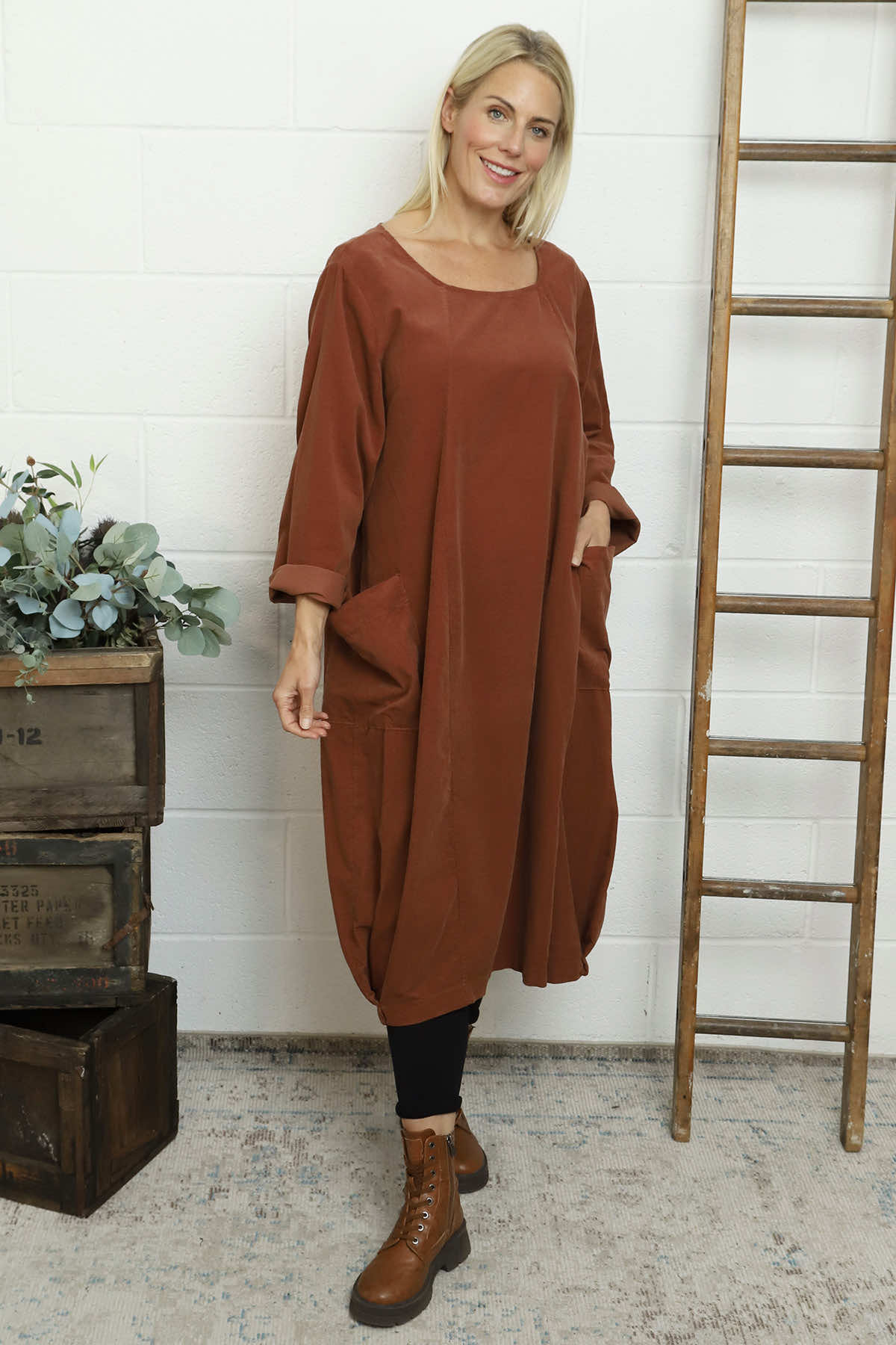 Liora Needlecord Dress Burnt Orange