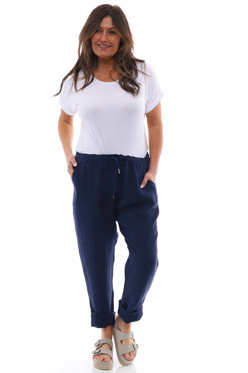 Filey Cropped Linen Trousers Navy - Image 1