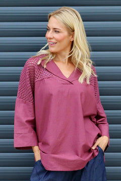 Natasha Crochet Shoulder Linen Top Wine