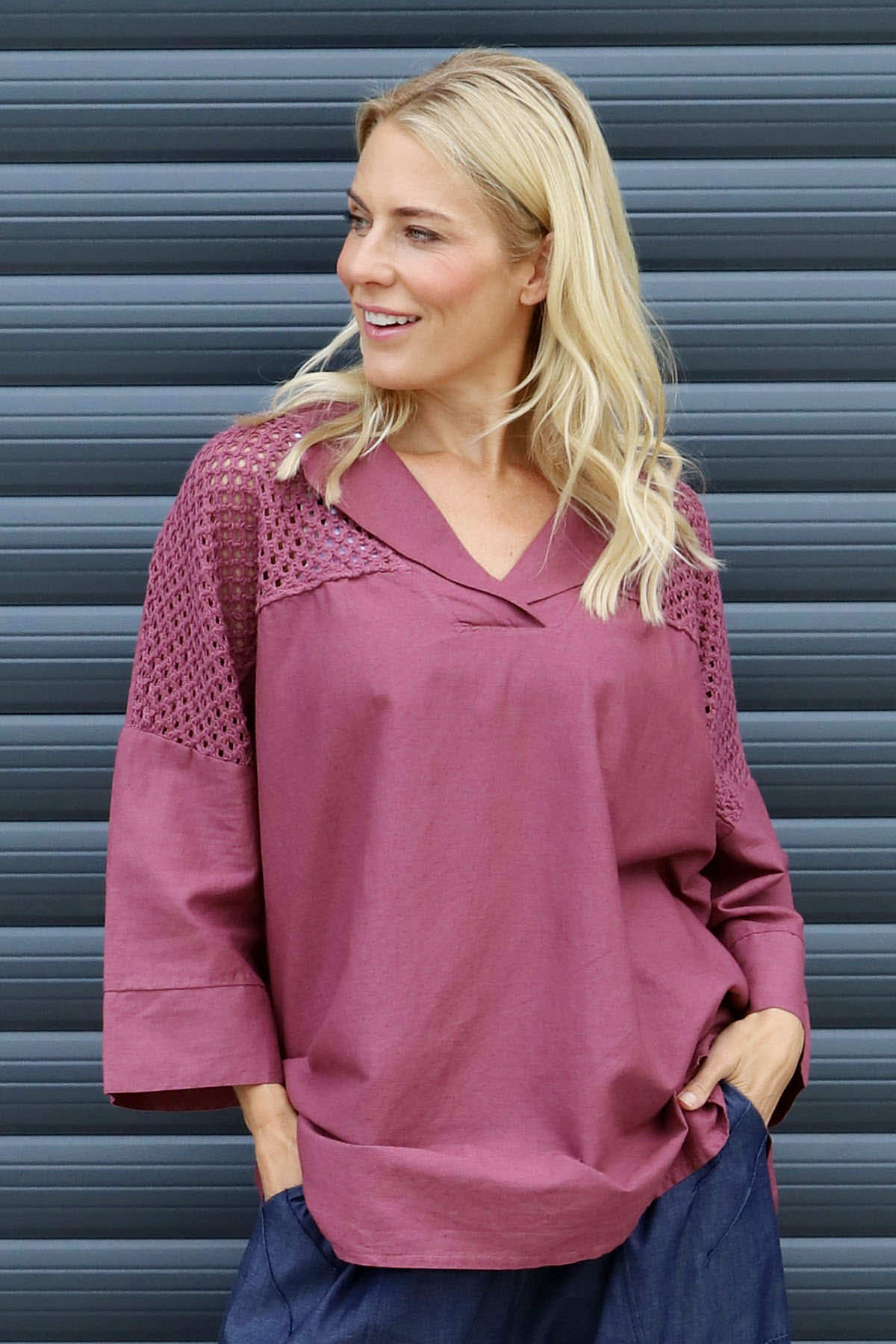Natasha Crochet Shoulder Linen Top Wine