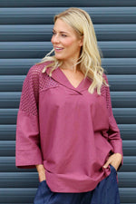 Natasha Crochet Shoulder Linen Top Wine Wine - Natasha Crochet Shoulder Linen Top Wine